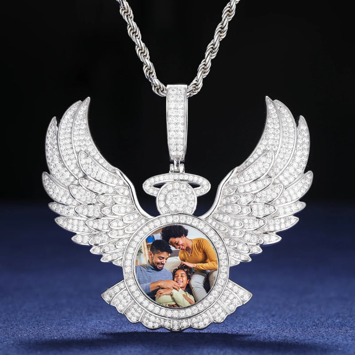 Custom Angel Wing Photo Pendant – “Heavenbound Tribute” Edition VVS1 5A CZ White Gold 18 IN Rope - Shop Gold Supply