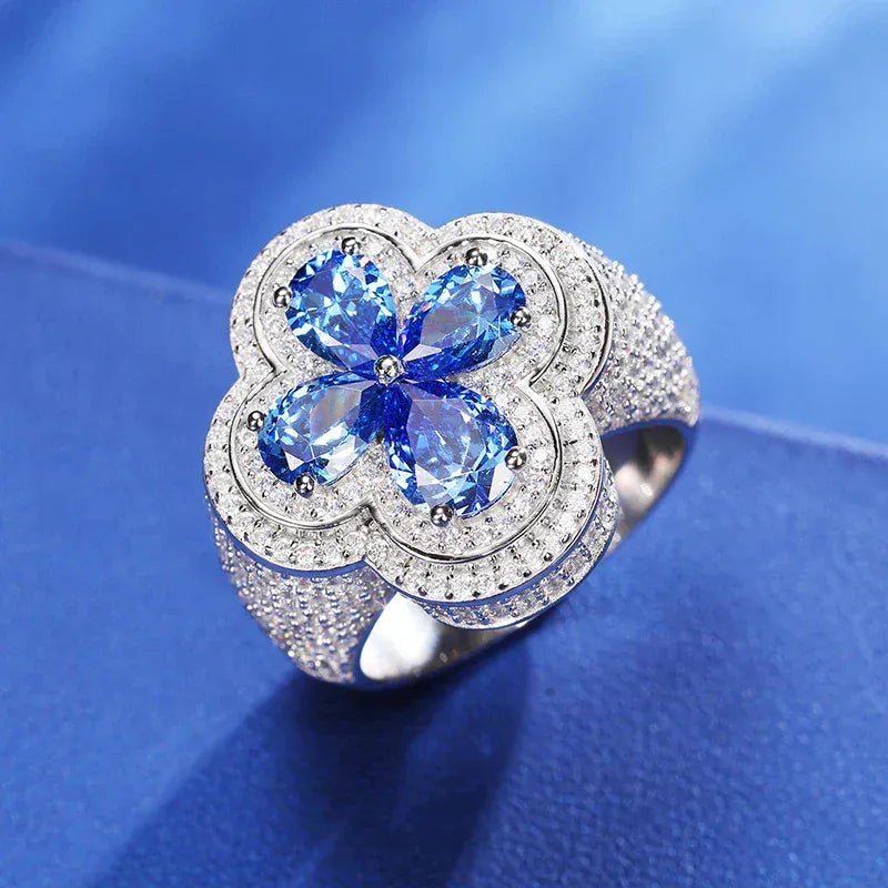 Iced Clover Crest Ring – “Fortune Bloom” Edition Moissanite Blue 7 - Shop Gold Supply