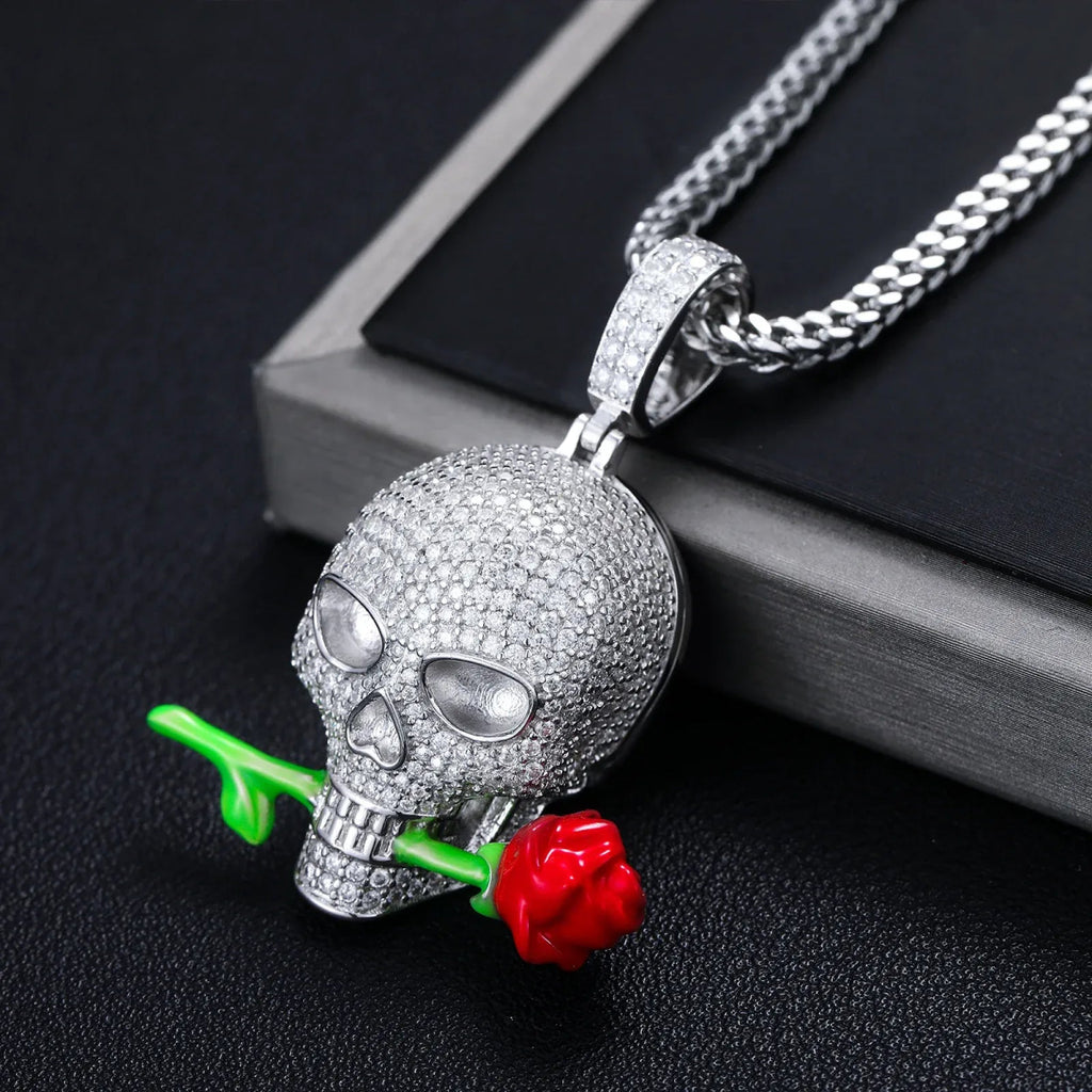 Moissanite Glow Skull & Rose Glow Pendant – “Deadly Romance” Edition White Gold - Shop Gold Supply