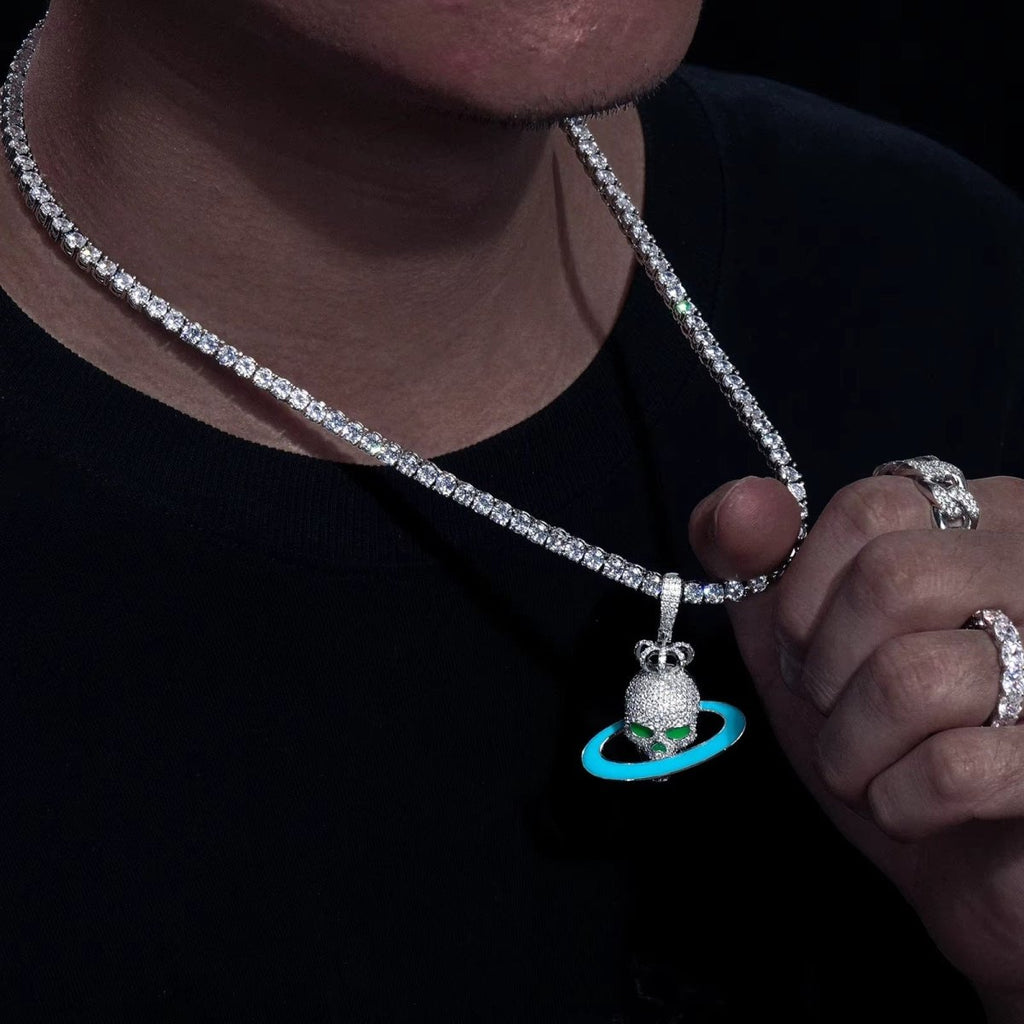 Moissanite Glow Skull Saturn Pendant – “Cosmic Reign” Edition - Shop Gold Supply