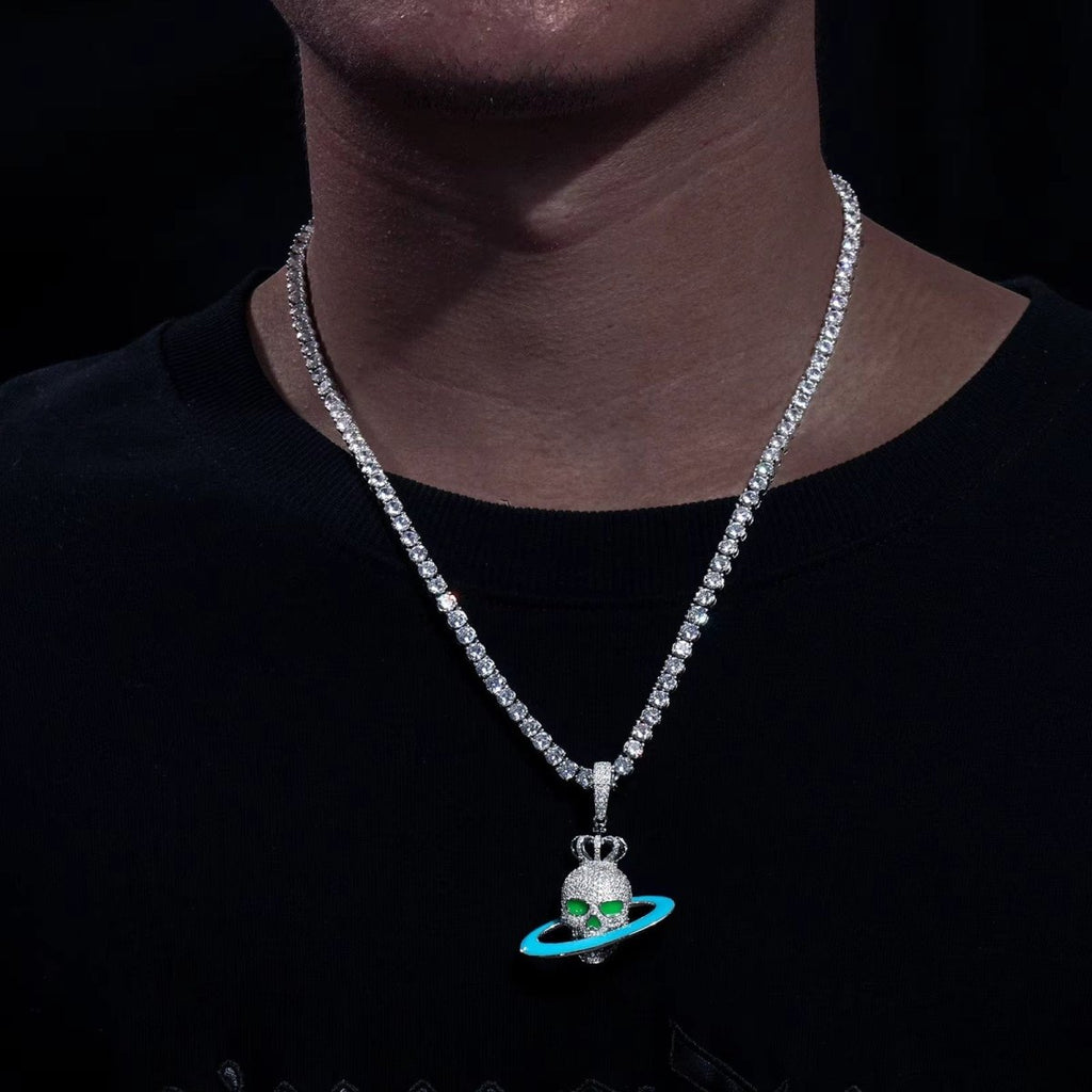Moissanite Glow Skull Saturn Pendant – “Cosmic Reign” Edition - Shop Gold Supply