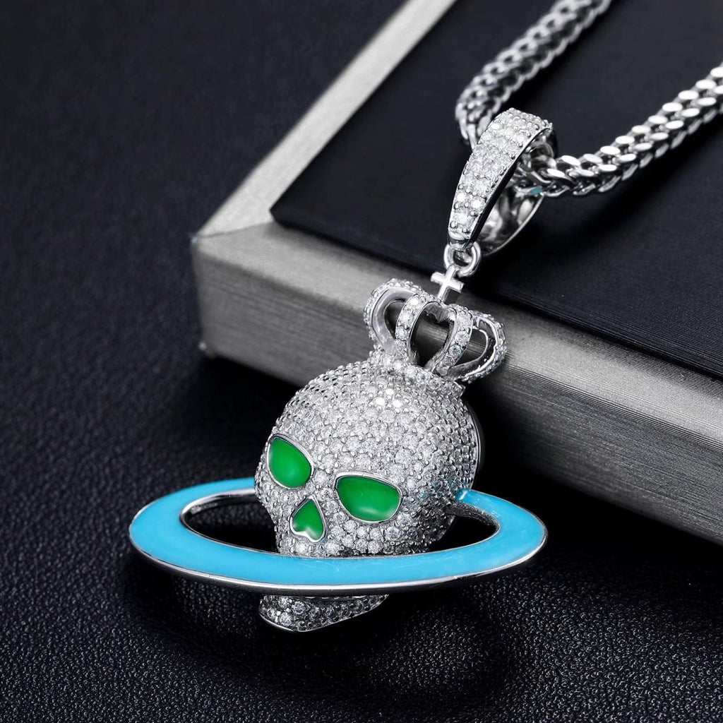 Moissanite Glow Skull Saturn Pendant – “Cosmic Reign” Edition - Shop Gold Supply