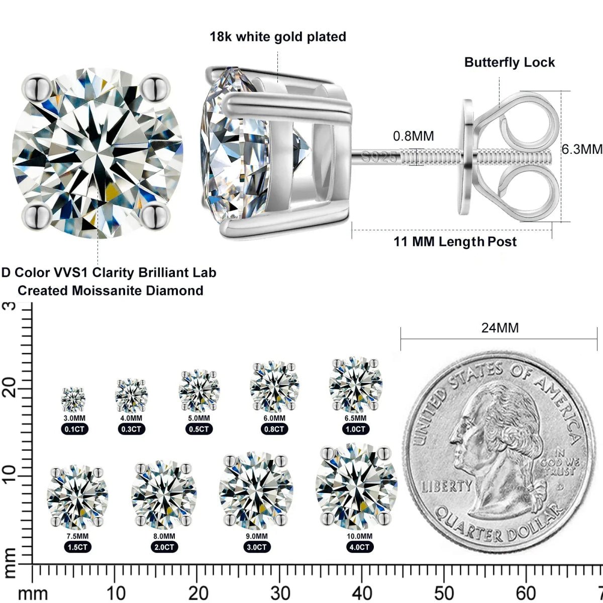 Moissanite Stud Earrings 10MM 925 Silver White Gold - Shop Gold Supply
